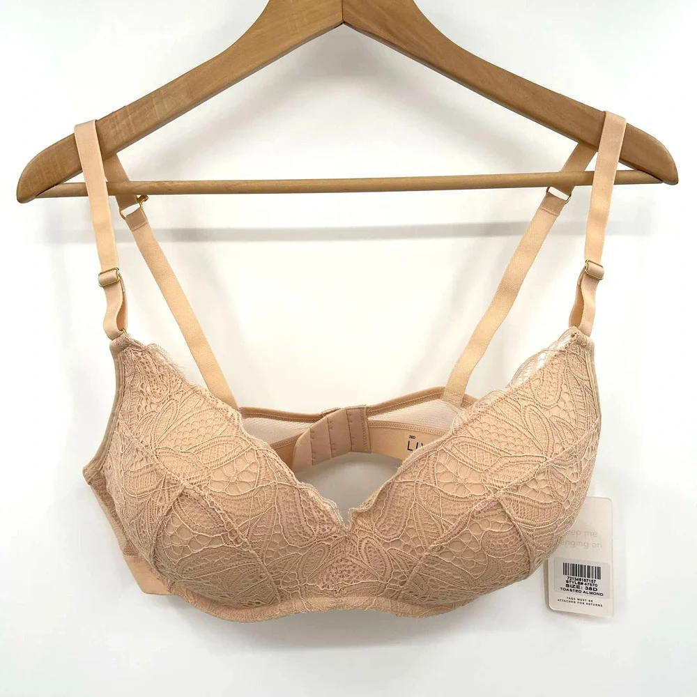 NWT Lively The Lace No-Wire Push-Up Bra in Toasted Almond Size 38D Nude Wireless